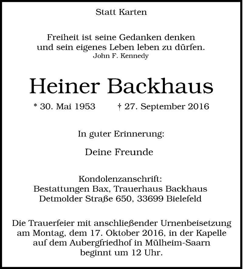  Traueranzeige für Heiner Backhaus vom 08.10.2016 aus Tageszeitung