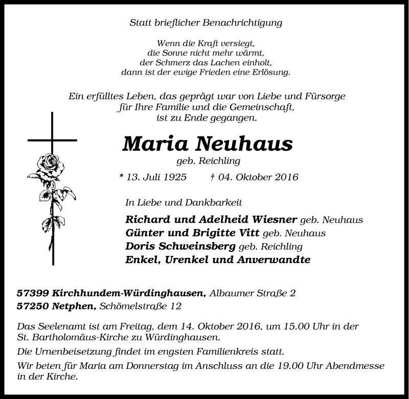 Traueranzeige für Maria Neuhaus vom 08.10.2016 aus Tageszeitung