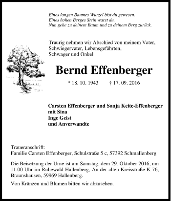 Traueranzeige von Bernd Effenberger von Tageszeitung
