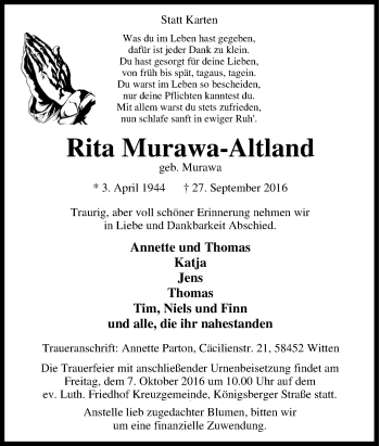 Traueranzeige von Rita Murawa-Altland von Tageszeitung