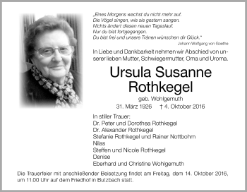 Traueranzeige von Ursula Susanne Rothkegel von Tageszeitung