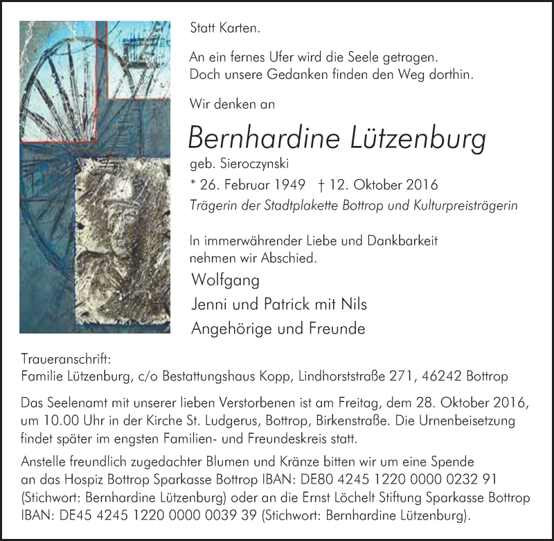  Traueranzeige für Bernhardine Lützenburg vom 22.10.2016 aus Tageszeitung