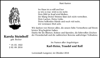 Traueranzeige von Karola Steinhoff von Tageszeitung