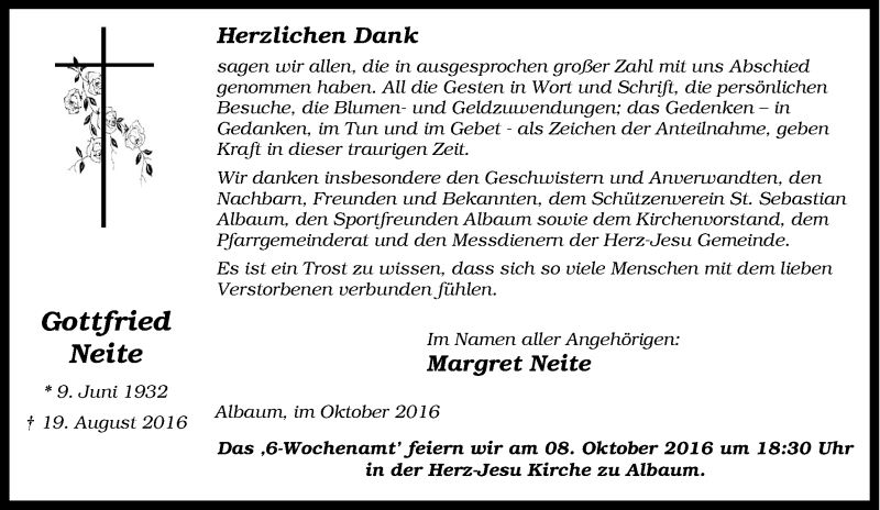  Traueranzeige für Gottfried Neite vom 03.10.2016 aus Tageszeitung