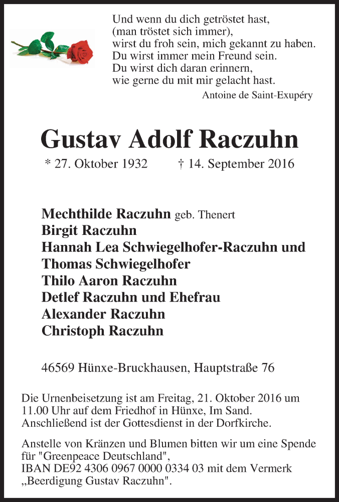  Traueranzeige für Gustav Adolf Raczuhn vom 15.10.2016 aus Tageszeitung