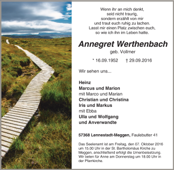 Traueranzeige von Annegret Werthenbach von Tageszeitung