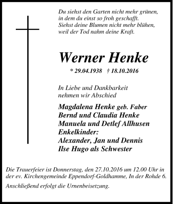 Traueranzeige von Werner Henke von Tageszeitung