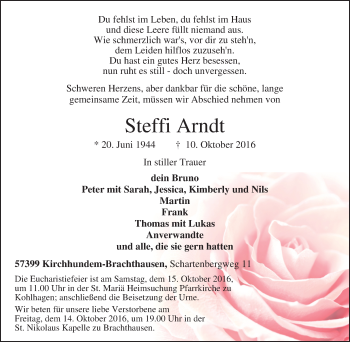 Traueranzeige von Steffi Arndt von Tageszeitung