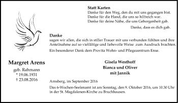 Traueranzeige von Margret Arens von Tageszeitung