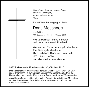 Traueranzeige von Doris Meschede von Tageszeitung