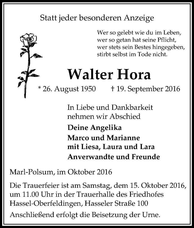  Traueranzeige für Walter Hora vom 11.10.2016 aus Tageszeitung