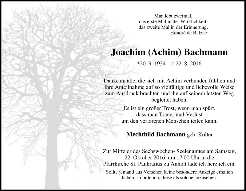  Traueranzeige für Joachim Bachmann vom 19.10.2016 aus Tageszeitung