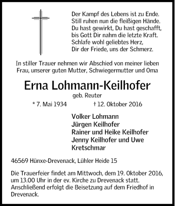 Traueranzeige von Erna Lohmann-Keilhofer von Tageszeitung