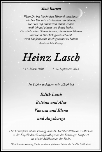 Traueranzeige von Heinz Lasch von Tageszeitung