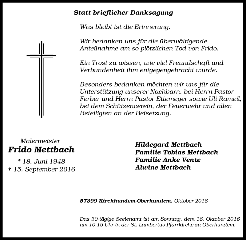  Traueranzeige für Frido Mettbach vom 11.10.2016 aus Tageszeitung