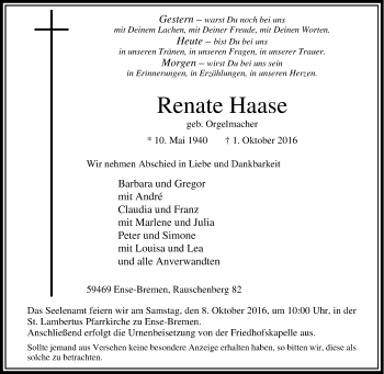 Traueranzeige von Renate Haase von Tageszeitung