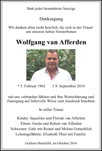 Traueranzeige von Wolfgang  van Afferden von Tageszeitung