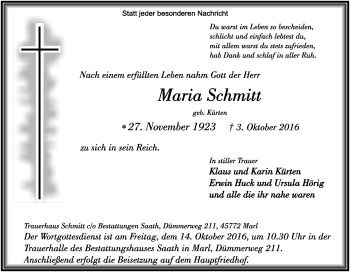 Traueranzeige von Maria Schmitt von Tageszeitung