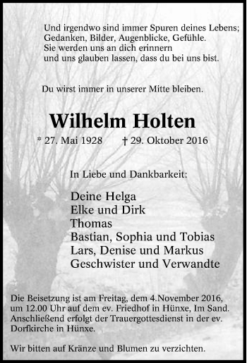 Traueranzeige von Wilhelm Holten von Tageszeitung