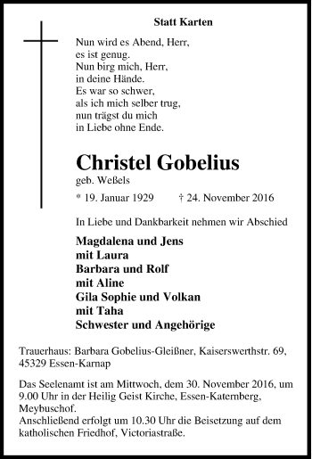 Traueranzeige von Christel Gobelius von Tageszeitung