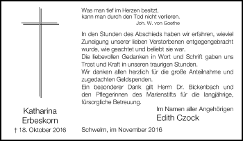 Traueranzeige von Katharina Erbeskorn von Tageszeitung