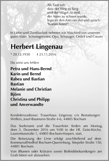 Traueranzeige von Herbert Lingenau von Tageszeitung
