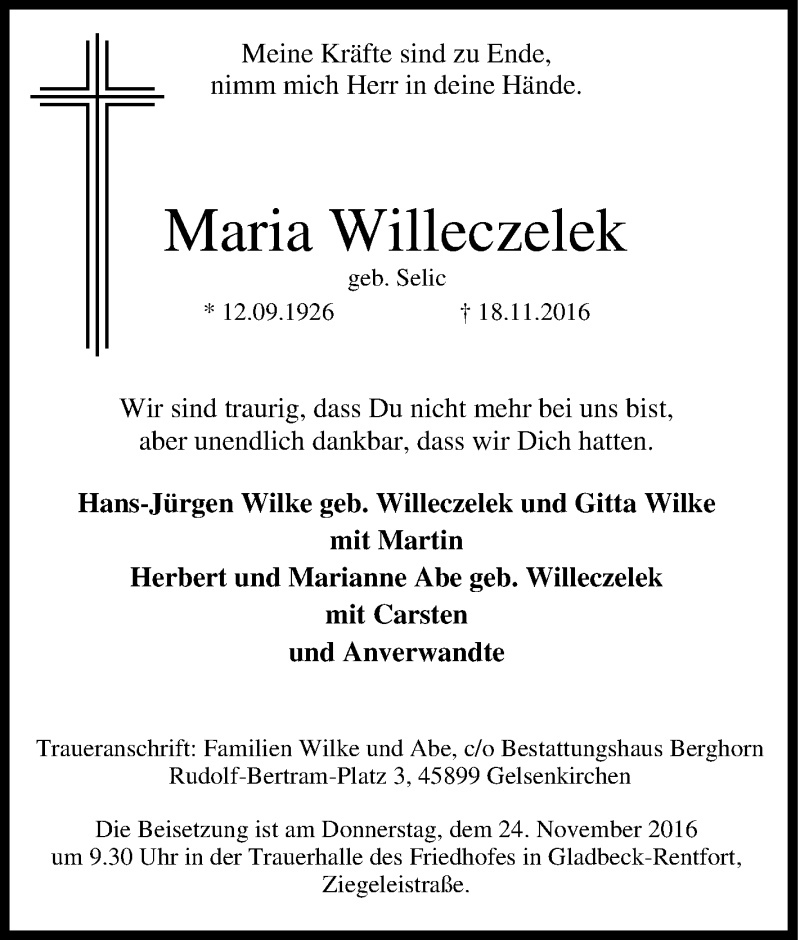  Traueranzeige für Maria Willeczelek vom 22.11.2016 aus Tageszeitung