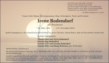 Traueranzeige von Irene Bodendorf von Tageszeitung