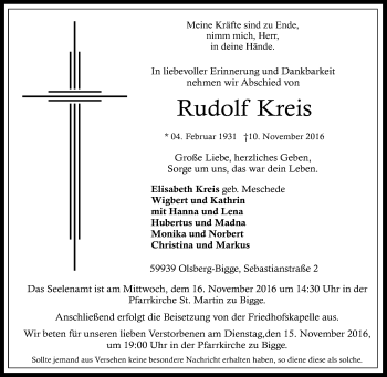 Traueranzeige von Rudolf Kreis von Tageszeitung