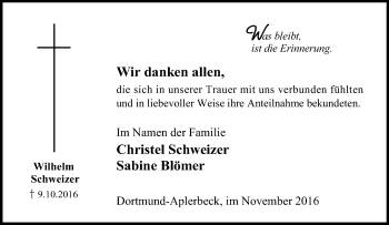 Traueranzeige von Wilhelm Schweizer von Tageszeitung