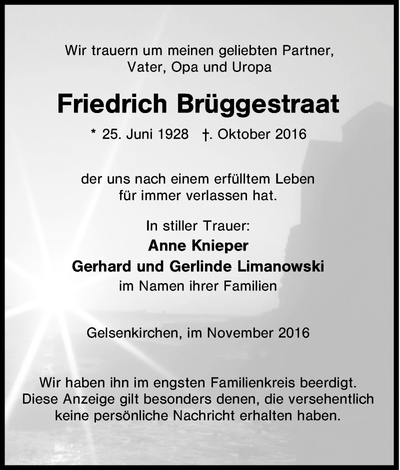  Traueranzeige für Friedrich Brüggestraat vom 03.11.2016 aus Tageszeitung