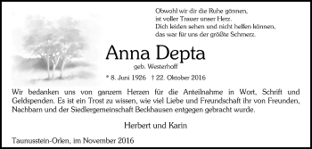 Traueranzeige von Anna Depta von Tageszeitung