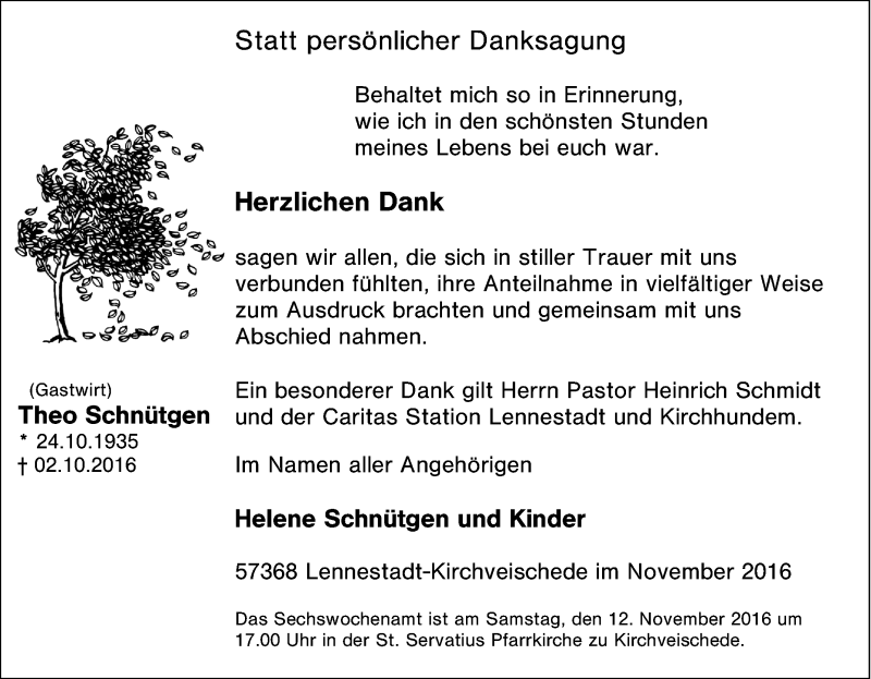  Traueranzeige für Theo Schnütgen vom 09.11.2016 aus Tageszeitung