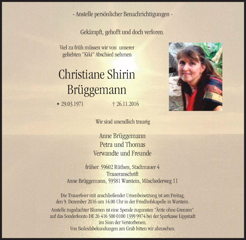  Traueranzeige für Christiane Shirin Brüggemann vom 30.11.2016 aus Tageszeitung