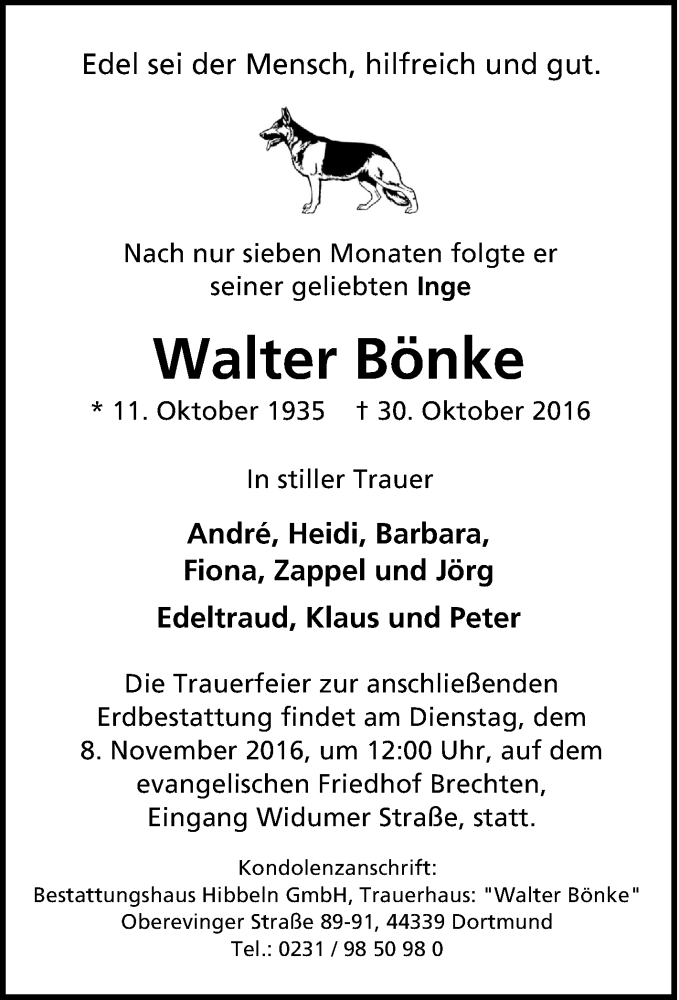  Traueranzeige für Walter Bönke vom 05.11.2016 aus Tageszeitung