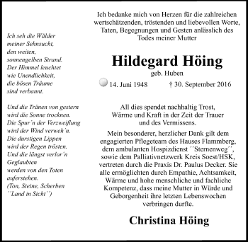 Traueranzeige von Hildegard Höing von Tageszeitung