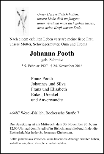Traueranzeige von Johanna Pooth von Tageszeitung