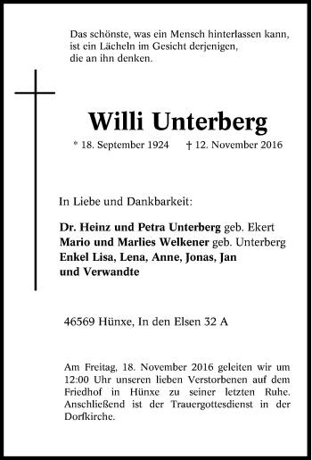 Traueranzeige von Willi Unterberg von Tageszeitung