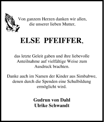 Traueranzeige von Else Pfeiffer von Tageszeitung