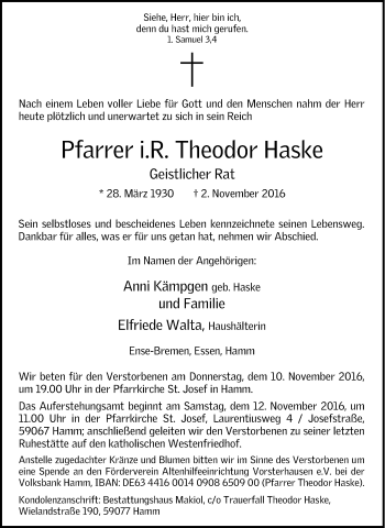 Traueranzeige von Theodor Haske von Tageszeitung