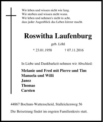Traueranzeige von Roswitha Laufenburg von Tageszeitung