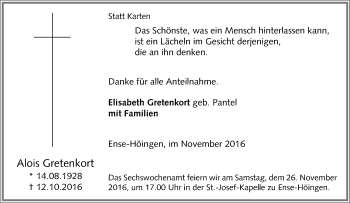 Traueranzeige von Alois Gretenkort von Tageszeitung