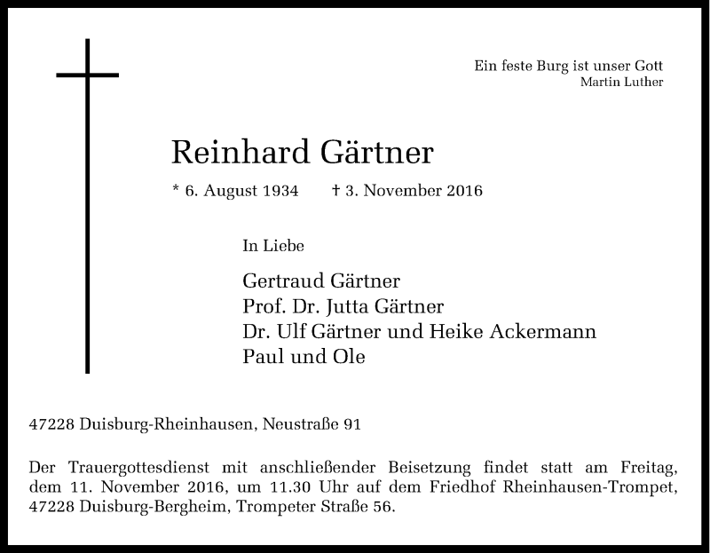 Traueranzeigen von Reinhard Gärtner TrauerinNRW.de