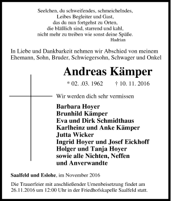 Traueranzeige von Andreas Kämper von Tageszeitung