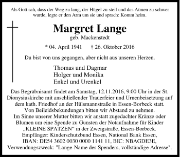 Traueranzeige von Margret Lange von Tageszeitung