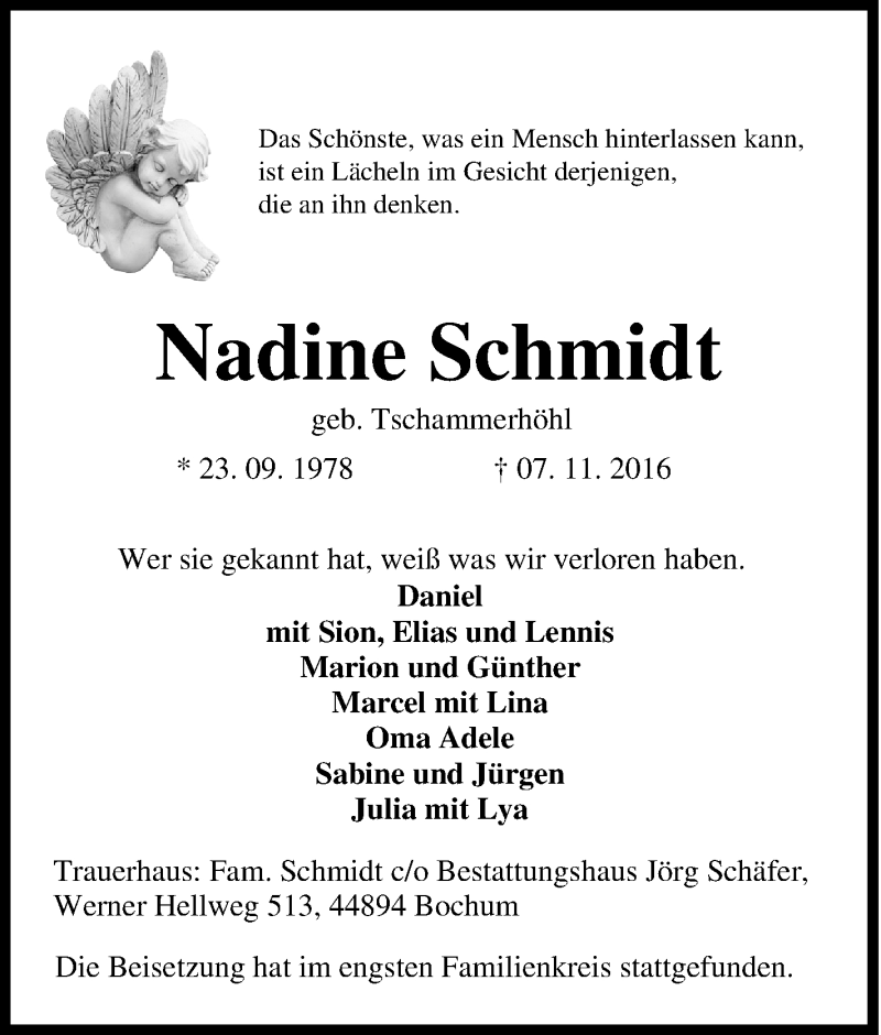  Traueranzeige für Nadine Schmidt vom 19.11.2016 aus Tageszeitung
