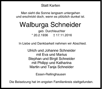 Traueranzeige von Walburga Schneider von Tageszeitung