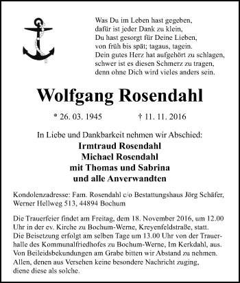 Traueranzeige von Wolfgang Rosendahl von Tageszeitung