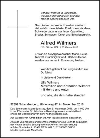 Traueranzeige von Alfred Wilmers von Tageszeitung