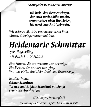Traueranzeige von Heidemarie Schmittat von Tageszeitung